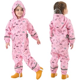 Fewlby Puddle Suit Girls Waterproof Suit, Kids Rain Suit All in One Waterproof Overalls Rainsuit Pink Dinosaur Muddy Suit One Piece Raincoat Hoodie Rainwear, 5-7 Years L Size