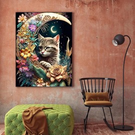 Rvhulwa 5D Diamond Painting Adult Moon Cats Diamond Painting Pictures Kit for Adults DIY Crystal Rhinestone Embroidery Painting Diamond Painting Kit for Home Office Wall Decoration 30 x 40 cm