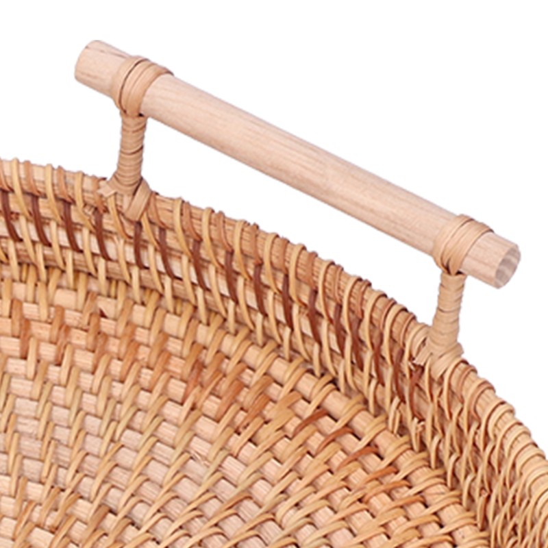 2PCS Hand Woven Rattan Tray Round Serving Tray Tea Fruit