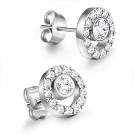 day.berlin Stud Earrings Stone 10 mm 18 Carat Gold-Plated Round Women's Earrings with Zirconia Crystals 316L Stainless Steel 1 cm Diameter 3 mm Thick, Nickel-Free and Waterproof, Stainless Steel,