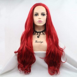 Xiweiya Wig Hot Red Lace Front Wig Long Body Wave Heat Resistant Fiber for Women Darg Queen Cosplay 24"