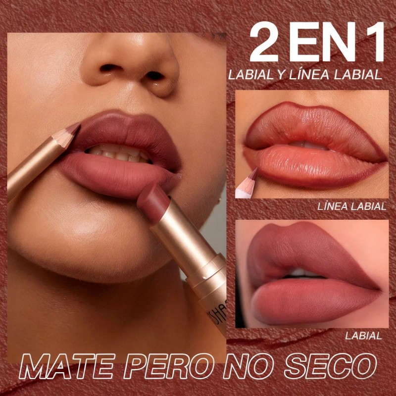 Set De Lapiz Labial Y Delineador Color Mate Impermeable 2pcs