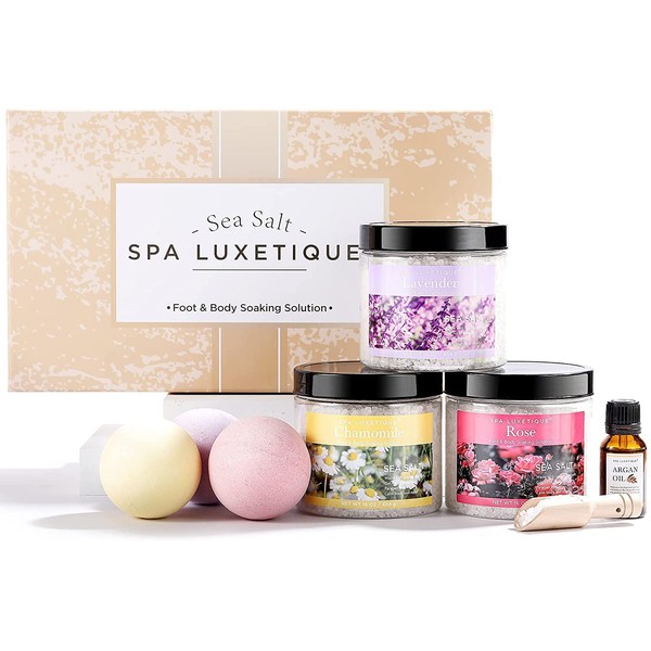 Bath Salts, Spa Luxetique 8pcs Bath Salts Gift Set with Argan Oil, Bath Bombs, Wooden Scoop, Epsom Salt for Soaking in Lavender, Rose, Chamomile Scent Spa Gifts for Women Bath Set Mother's Day Gifts