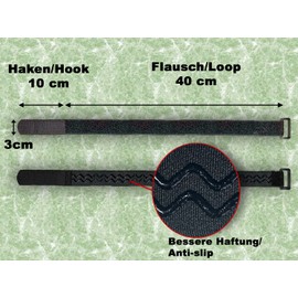 FrogJim 4 x Velcro Cable Ties 50 cm Black with Slip Stop and Buckle, Ideal as Velcro for Bicycle or Ski Strap, Reusable Velcro Tape, Anti-Slip, 30 mm Wide for Fixing and Bundling KSS5004