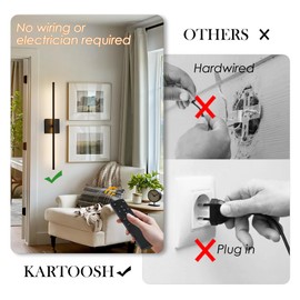 KARTOOSH Removable Battery Operated Wall Sconces with Remote Control, Stepless Colors 3000K-6000K & Dimming, 350°Rotate, LED Black Wireless Wall Light for Living Room, Bedroom, 28.3 Inch (2 Pack)