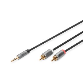 Digitus audio adapter cable - 3.5mm jack to 2x RCA - aux cable - stereo cable - RCA adapter - gold-plated contacts - braided cable - 1m - black - for stereo systems, home cinema, soundbar, computer