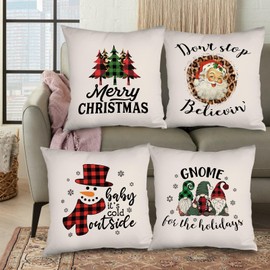 Autrucker Merry Christmas Pillowcases Set of 4, 18" x 18" Christmas Trees Santa Claus Xmas Snowman Gnome Throw Cushion Covers, Christmas Throw Cushion Cases Decorative Winter Holiday for Couch
