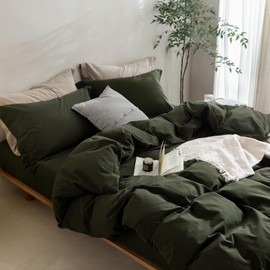 BDEAR Linen Feel Duvet Cover Queen Size, 100% Washed Cotton Comforter Cover Size 90x90inch with Zipper Closure and 2 Pillowcases, Solid-Olive Green