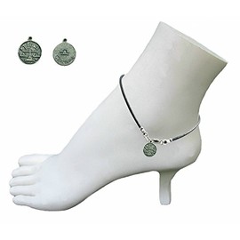 Black Leather Anklet with Zodiac Libra Symbol Silver Tone Charm ~ Sterling Silver Clasp