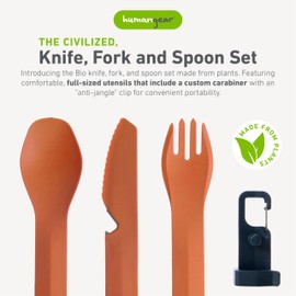 humangear GoBites Bio Trio K/F/S - Durable Plant-Based Travel Utinsel Set - Knife, Fork, Spoon, Integrated Bottle Opener & Clip, Orange