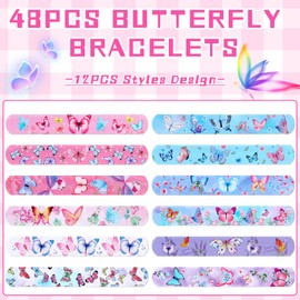 48 Pcs Butterfly Slap Bracelets Toys Birthday Party Favors Kids Bracelets Snap Bands for Girls Butterfly Theme Birthday Party Decorations Supplies Class Prize Exchanging Gift, 12 Styles