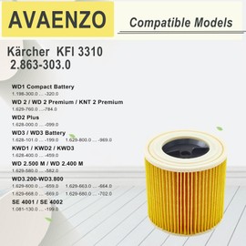 AVAENZO 3 Stück Patronenfilter KFI 3310 für Kärcher Nass-/Trockensauger und Waschsauger Artikelnummer 2.863-303.0