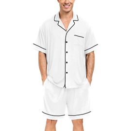 DIKFA Mens Pajamas Set Short Sleeve Button Down Sleepwear with Pockets Soft Modal 2pcs Pjs Casual Loungewear Nightwear White