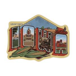 Die Cut Sticker Greetings from Iowa, Contouir, (Cornfields and Corn Background), Vintage Vinyl Sticker 1 to 3 inches (Waterproof Decal for Cars, Water Bottles, Laptops, Coolers), Small