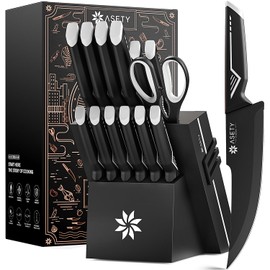 Knife Set - 15 PCS Kitchen Knife Set with Built-in Knife Sharpener Block - Stainless Steel Knife Block Set - Dishwasher Safe, Elegant Box for Men Women, White