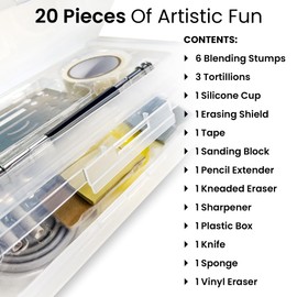 Elements Sketching Tools 20 pcs with Storage Box - Blending Stumps, Tortillons, Erasers, Tape and Accessories for Drawing and Shading - Holiday Art Supplies and Season Gift List