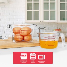 KOMUEE 4 Piece Glass Measuring Cups Set, 5 Oz, 1-Cup, 2-Cup, 4-Cup Liquid Measuring Cups with Lids for Kitchen, Freezer and Microwave Safe