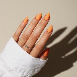 KQueenest Orange Press On Nails Short - Summer Press On Nails Almond, Sheer Bright Short Fake Nails with Glue, Glossy Opaque, Stiletto Reusable Soft Gel Glue on Nails for Women, 30 Pcs