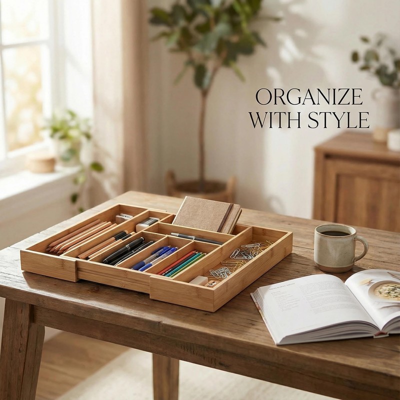 Klabelle Bamboo Drawer Organizer - Expandable Kitchen Utensil Holder, Adjustable