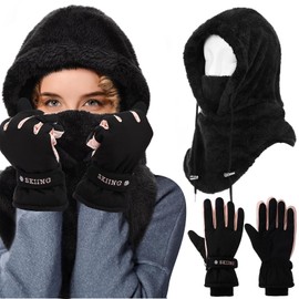 Jamntower Winter Fleece Balaclava Ski Mask with Gloves Thermal Ski Mask Windproof Beanie Hat Balaclava Fleece Face Mask Touchscreen Ski Snow Gloves for Women Cold Weather