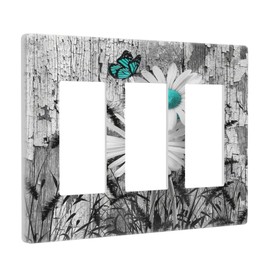 Turquoise Butterfly Daisy Flower 3 Gang Triple Rocker/Decora Light Switch Wall Plate Cover Decorative Electrical Faceplate for Bathroom Living Room Decor Screwless