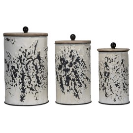 Foreside Home & Garden Set of 3 Cream and Gray Floral Metal Decorative Storage Canisters, White, Black, 3 Piece
