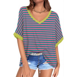 UEU Women's Oversized Striped T-Shirts Summer V Neck Tops Loose Basic Tee Shirts Pink Green Striped Small