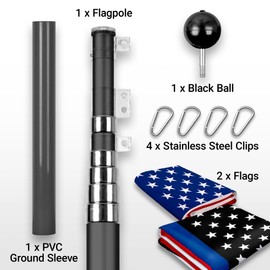 G128 Combo Pack: 25 Ft Telescoping Aluminum Flagpole (Black) & American and Blue Lives Matter Flags 3x5 Ft, Both ToughWeave Series Embroidered Polyester | Pole with Flags Included