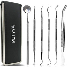 Herramientas Dentales | MOTYYA | Kit de Herramientas de Limpieza de Dientes | Higiene Dental Profesional | Acero Inoxidable | Cuidado Bucal | Conjunto para Eliminar Sarro, Rascador de Dientes, Espejo Bucal | Uso Doméstico | 6 Herramientas
