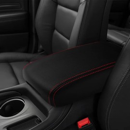 DEYTOP Car Armrest Cover Compatible with Dodge Durango 2011-2021 Accessories Center Console Cover for Durango 2021 2020 Accessories Leather Armrest Pad Protector (Black with Red Stitches)