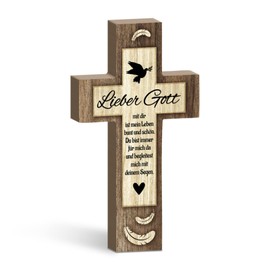 Putuo Decor Kreuz Holzdeko – mit Aufschrift „Lieber Gott...“ – warmes Design mit Friedenstaube, Herz und Federmotiv