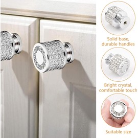 Candeon Crystal Furniture Knobs, Pack of 2 Silver Knobs, Cupboard Knobs, Drawer Knobs, Glittering Decoration, Cupboard Knobs, Round Pull Handle for Cupboard, Wardrobe, Drawer, Dresser