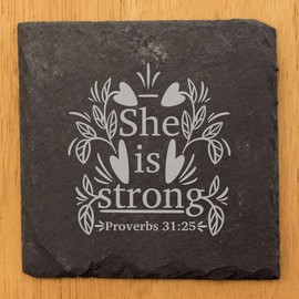 Faith and Hope: Laser Etched Divine Inspiration: Proverbs 31:25 Slate Coasters - Square Slate - set of 8