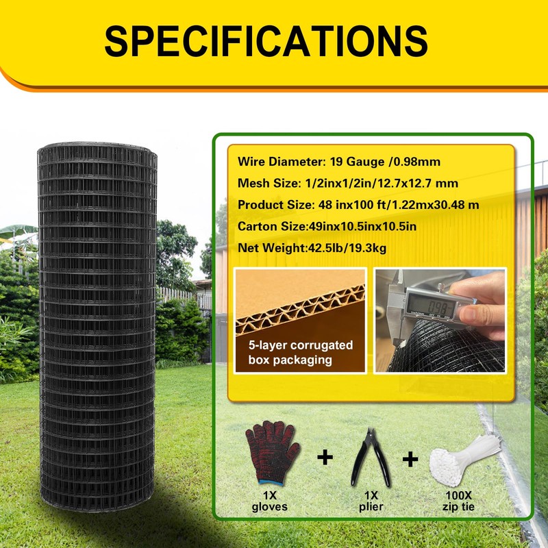 Wirewonders Black Hardware Cloth 1/2inx48inx100ft, Chicken Wire Fencing, 19Gauge, Vinyl