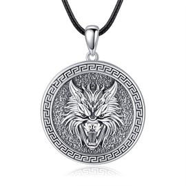 URONE Viking Wolf Necklace 925 Sterling Silver Wolf Pendant Necklace Viking Wolf Jewellery Gifts for Men Women Wolf Fans, Sterling Silver, No Gemstone