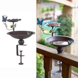 CaliDecor Bird Bath and Feeder for Deck Railing, 2 in 1 Deck Mounted Balcony Birdbath with Vivid Butterfly Decor, Metal Bird Bath for Outdoors Porch Patio Garden