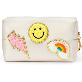 BeYumi Preppy Patch Small Cosmetic Toiletry Bag Smile Rainbow Lightning PU Leather Waterproof Portable Cosmetic Makeup Bag Travel Organizer Pouch for Toiletries Storage Women Girls Gift (Shell White)