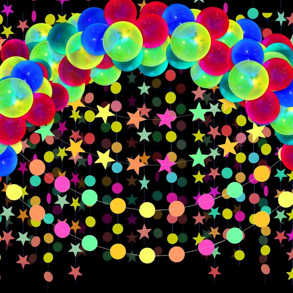 54 Pieces Glow Neon Party Supplies Decorations, Includes 10 Inches Neon Fluorescent Blacklight Birthday Balloons, 57.8 Feet Black Light Star Circle Dots Glow In The Dark Garland Banner Decorations