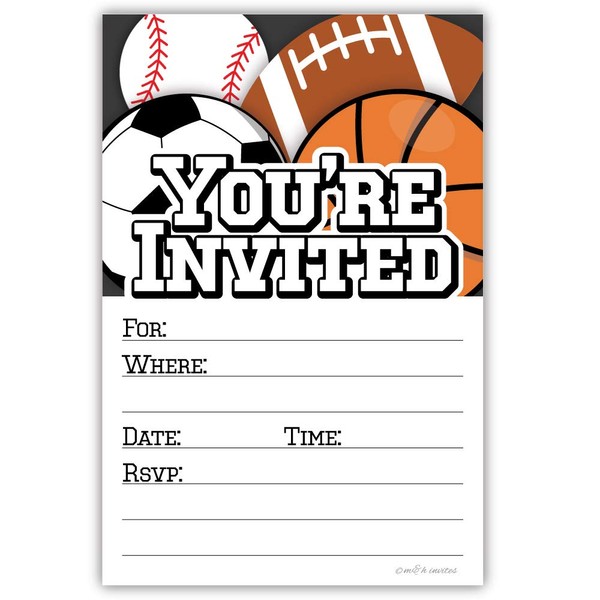 Sports Party Invitations (20 Count) with Envelopes - Football, Soccer, Baseball and Basketball