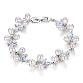 Ever Faith Bridal Bracelet CZ Cream Simulated Pearl Floral Leaf Wedding Bride Tennis Bracelet Clear Sliver-Tone