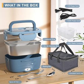 Monteka Electric Lunch Box Food Heater - Leakproof Portable Food Warmer heated lunch box for adults for Car/Home/Truck with 1.5L Removable Stainless Steel Container, 12V/24V/110V, Blue