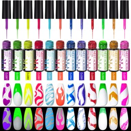 MEET ACROSS Glow in the Dark Nail Art Gel Liner With Reflective Glitter Flash Diamond Painted Gel Nail Polish 12 Neon Colors Pigment UV LED Soak off Curing Requires for Nail Design