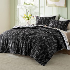 Bedsure Queen Comforter Set - Black Comforter, Cute Floral Bedding Comforter Sets, 3 Pieces, 1 Soft Reversible Botanical Flowers Comforter and 2 Pillow Shams