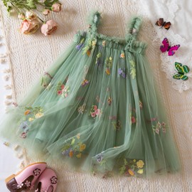 Nileafes Baby Girl Casual Tutu Dress Strap Tulle Flower Butterflies Embroidery Princess Dresses Size 100 (2-3 Years, 107-Green)