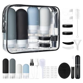 Kit de Viaje Aseo Personal – Set de 20 Esenciales para Viajar, Botellas Aprobadas para Avión, Fugas Controladas Loción, Champú, Acondicionador y Gel de Ducha