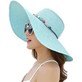 BABAHU Ladies Foldable Wide Brim Straw Sun Hat UPF 50+ Sun Hat, 01-Style Sky Blue
