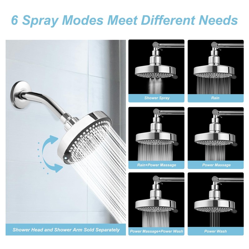 OFFO Fixed Shower Head, 6 Modes 13cm(5 inch) Waterfall Shower
