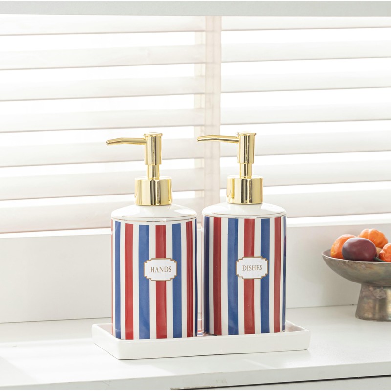 Patriotic Red, White & Blue Ceramic Soap Dispenser Set with