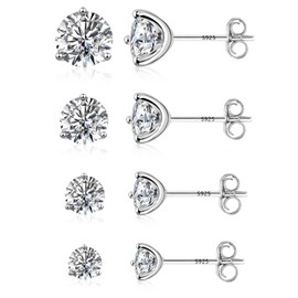 ALEXCRAFT Sterling Silver Cubic Zirconia Stud Earrings Set, Brilliant Cut Simulated Diamond CZ Studs Earrings for Women Hypoallergenic Jewelry Gifts (4 Pairs)