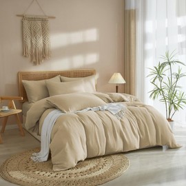 Luofanfei Cotton Muslin Bed Linen 135 x 200 cm Taupe Khaki Renforce Plain Summer Cooling Boho Bed Linen Set Soft Duvet Cover Wrinkle Look Non-Iron with Zip and Pillowcase 80 x 80 cm
